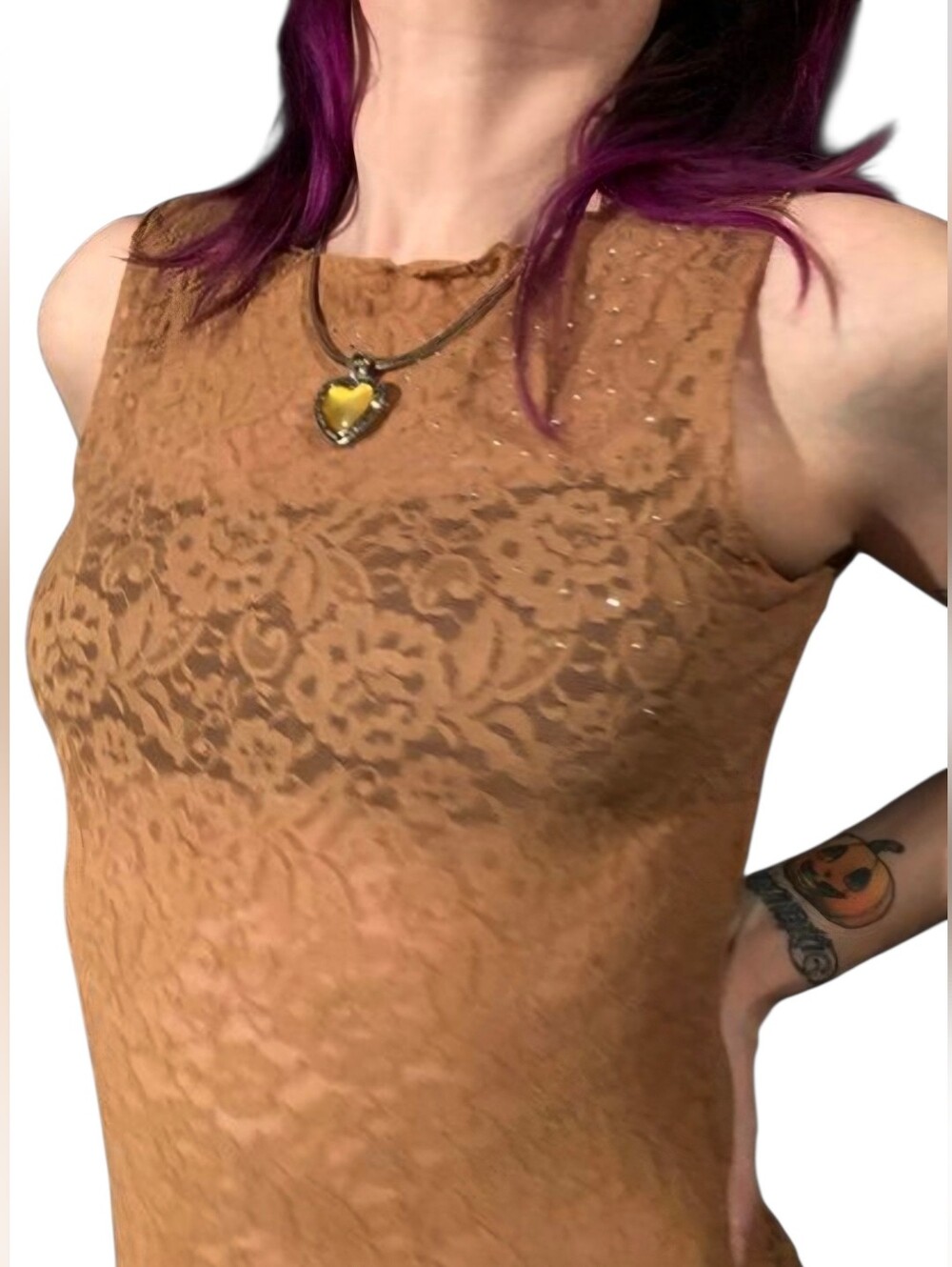 Sleeveless Lace-Overlay Camisole in Camel Brown w/Silver Crystal Accents. Small.